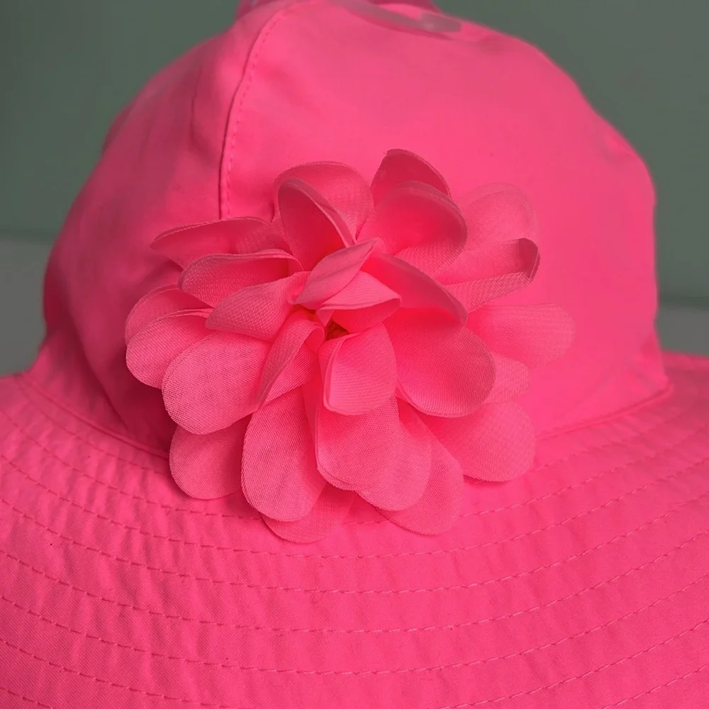 Pink Wide-Brim Hat with Flower Accent